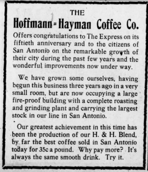 Hoffmann-Hayman boxed display: congratulations to *The Express*, fireproof plant, H. & H. Blend at 35¢